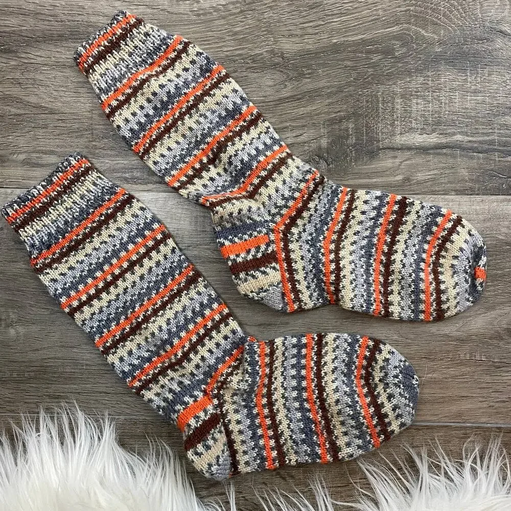 Hand Knit Womens Wool Socks Gray Brown Orange Variegated Stripe